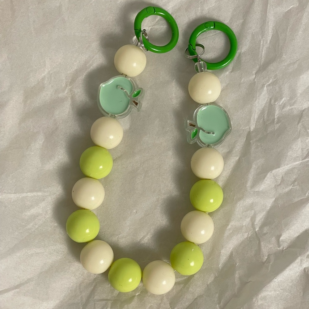 Green and White Beaded Keychain Phone Chain